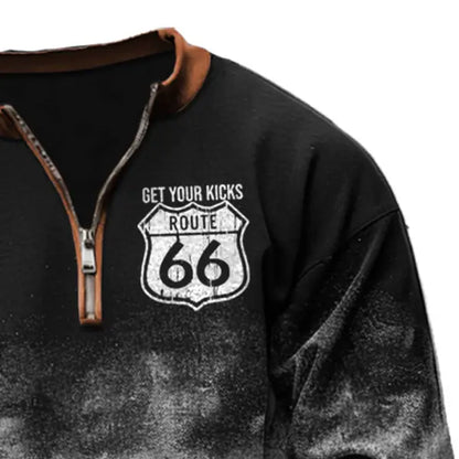 Men's Vintage Route 66 Road Trip Zip Henley Collar Tie Dye Ombre Long Sleeve Sweatshirt