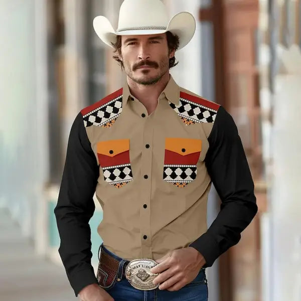 Men's Vintage Western Aztec Geometric Print Pocket Casual Long Sleeve Shirt