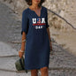 Women's USA American Flag Independence Day 4th Of July Print Five-Sleeve V-Neck Dress