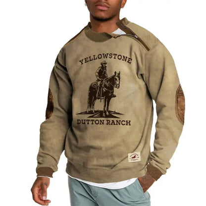 Men's Yellowstone Print Sweatshirt Deconstructive Patchwork Vintage Long Sleeve Daily Polo Neck Tops