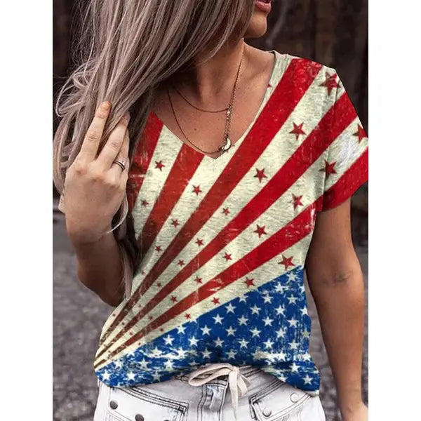 American Flag Print Women's V-Neck T-Shirt