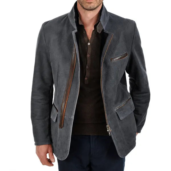 Men Vintage Stand Collar Suede Blazer Side Zip Fly Contrast Leather Webbing Medium Length Jacket Coats