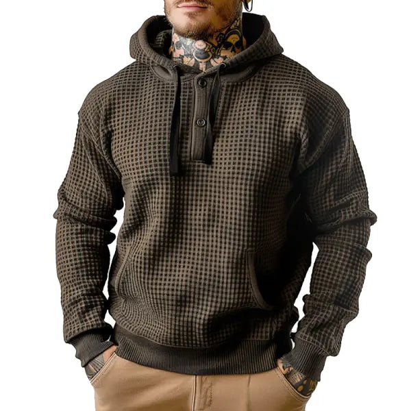 Men's Vintage Drawstring Henley Collar Waffle Hoodie