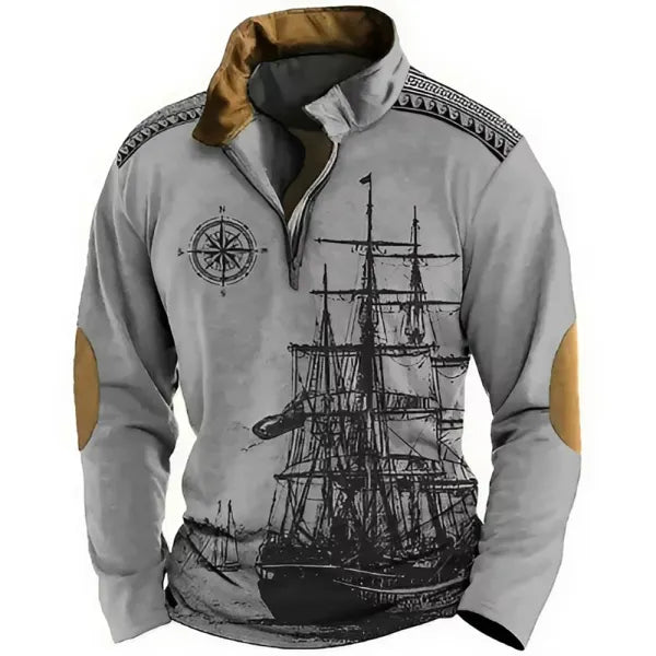 Men's Retro Nautical Sailing Compass Print Zipper Stand Collar Sweatshirt Christmas Holiday Tops Khaki Gray Black