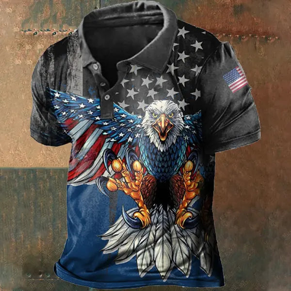 Vintage American Flag Liberty Eagle Print Men's Polo Short Sleeve T-Shirt