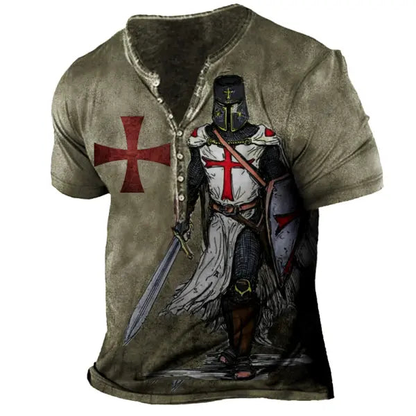 Plus Size Men's Vintage Templar Cross Henley Collar T-Shirt