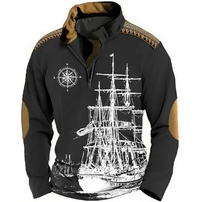 Men's Retro Nautical Sailing Compass Print Zipper Stand Collar Sweatshirt Christmas Holiday Tops Khaki Gray Black