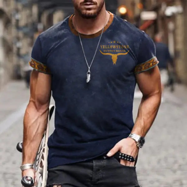 Men's T-shirt Retro Western National Style Yellowstone Print Pattern Summer Short-sleeved Color Matching Round Neck Tee