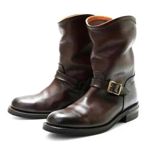 Men's Outdoor Retro Vntage Belt Buckle Low Heel PU Boots