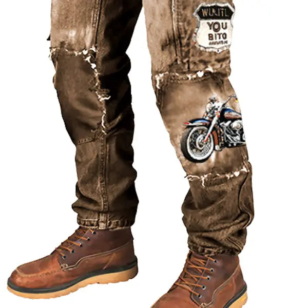 Men's Cargo Pants Route 66 Road Trip Motorcycle Vintage Distressed Utility Outdoor Pants