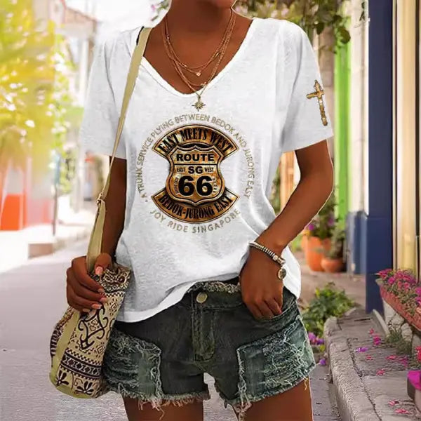 Women's Route 66 Cross Print Short Sleeve V-Neck Casual T-Shirt