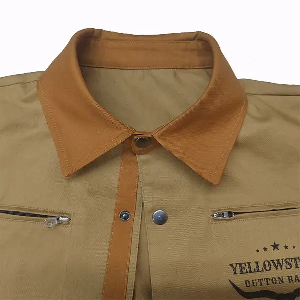 Men's Retro Yellowstone Workwear Zipper Pocket Elbow Patch Shirt Jacket Outdoor Mid-Length Casual Lapel Outerwear