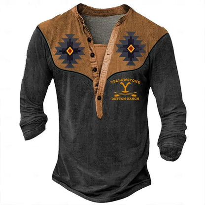 Men's Vintage Yellowstone Western Aztec Cowboy Henley Long Sleeve T-Shirt