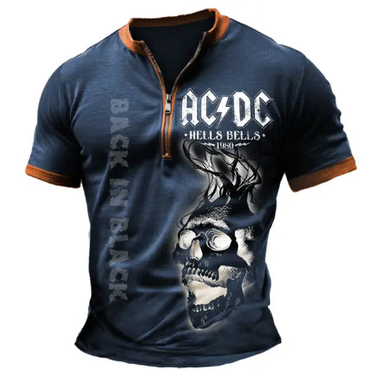 Men's Vintage ACDC Rock Skull Color Block Zipper Henley Collar T-Shirt