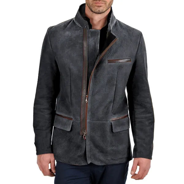 Men Vintage Stand Collar Suede Blazer Side Zip Fly Contrast Leather Webbing Medium Length Jacket Coats