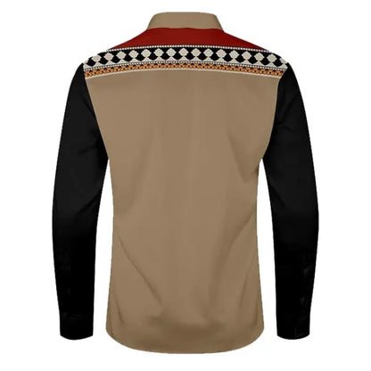 Men's Vintage Western Aztec Geometric Print Pocket Casual Long Sleeve Shirt