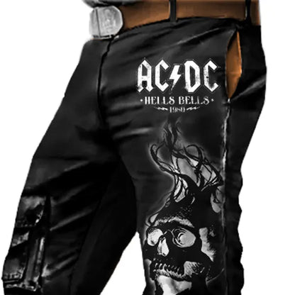 Men's ACDC Rock Band Dark Skull Tactical Pants Outdoor Vintage Washed Cotton Washed Multi-Pocket Trousers