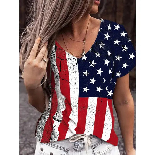 American Flag Print Women's V-Neck T-Shirt