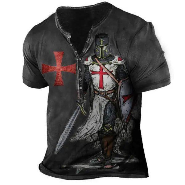 Plus Size Men's Vintage Templar Cross Henley Collar T-Shirt