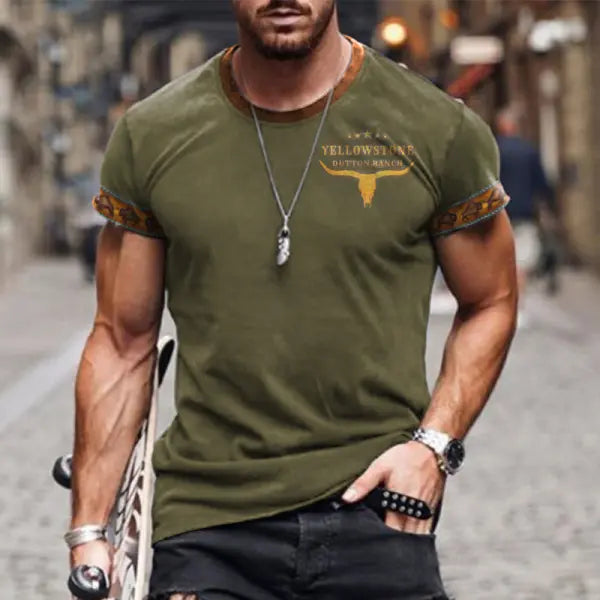 Men's T-shirt Retro Western National Style Yellowstone Print Pattern Summer Short-sleeved Color Matching Round Neck Tee