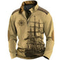 Men's Retro Nautical Sailing Compass Print Zipper Stand Collar Sweatshirt Christmas Holiday Tops Khaki Gray Black