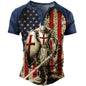 American Flag Templar Jesus Cross Vintage Print Henley T-Shirt