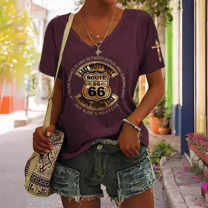 Women's Route 66 Cross Print Short Sleeve V-Neck Casual T-Shirt