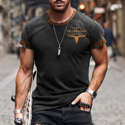 Men's T-shirt Retro Western National Style Yellowstone Print Pattern Summer Short-sleeved Color Matching Round Neck Tee