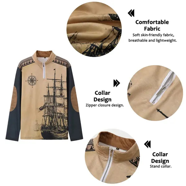 Men's Retro Nautical Sailing Compass Print Zipper Stand Collar Sweatshirt Christmas Holiday Tops Khaki Gray Black