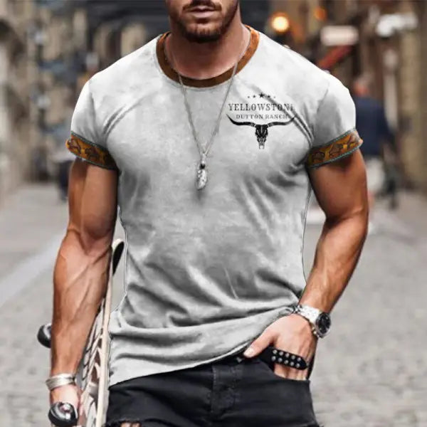 Men's T-shirt Retro Western National Style Yellowstone Print Pattern Summer Short-sleeved Color Matching Round Neck Tee