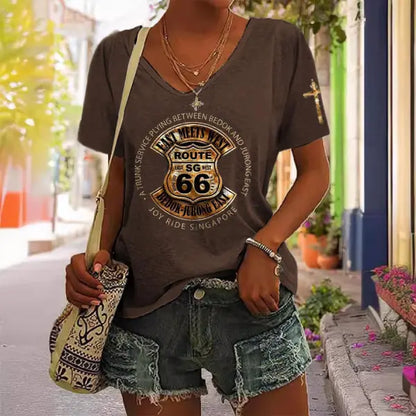 Women's Route 66 Cross Print Short Sleeve V-Neck Casual T-Shirt