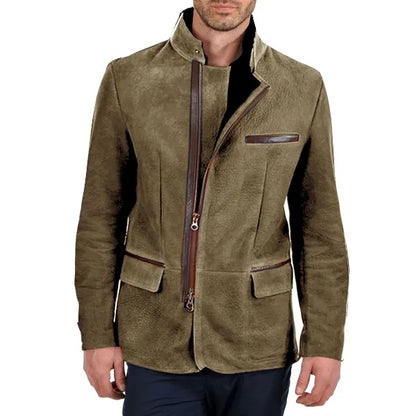 Men Vintage Stand Collar Suede Blazer Side Zip Fly Contrast Leather Webbing Medium Length Jacket Coats