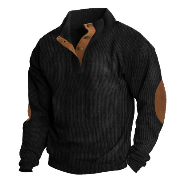 Men's Corduroy Sweatshirt Elbow Patch Sweatshirt Outdoor Casual Stand Collar Long Sleeve Sweatshirt