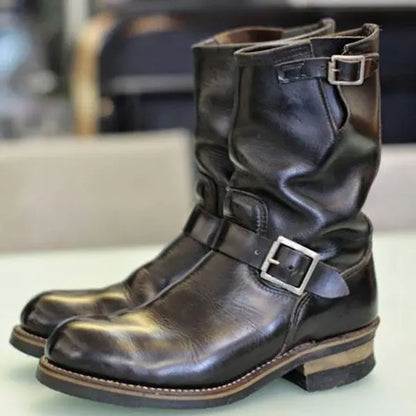 Men's Outdoor Retro Vntage Belt Buckle Low Heel PU Boots