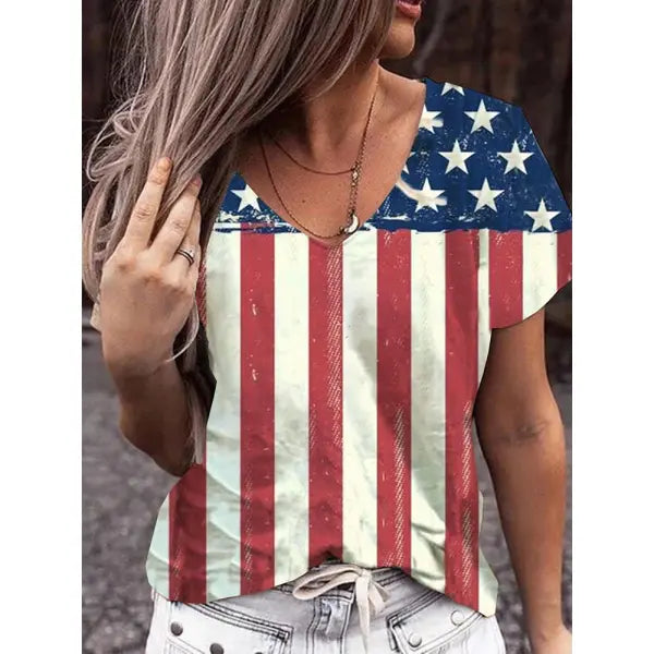 American Flag Print Women's V-Neck T-Shirt