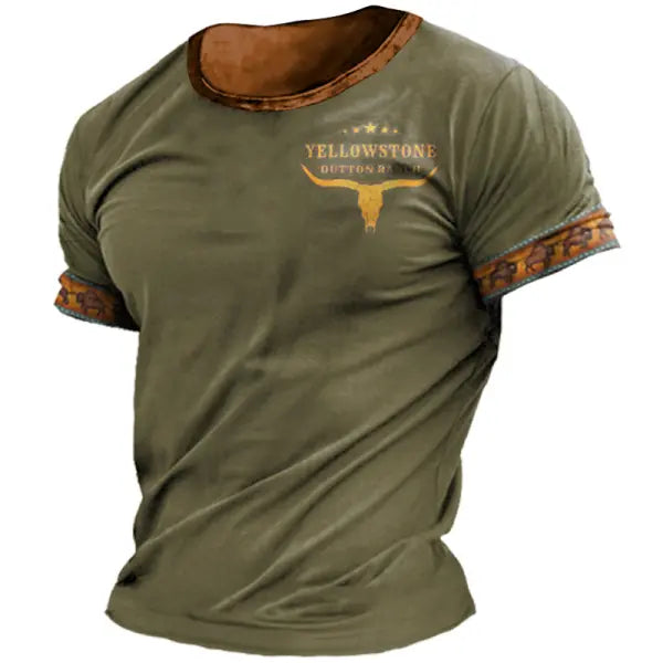 Men's T-shirt Retro Western National Style Yellowstone Print Pattern Summer Short-sleeved Color Matching Round Neck Tee